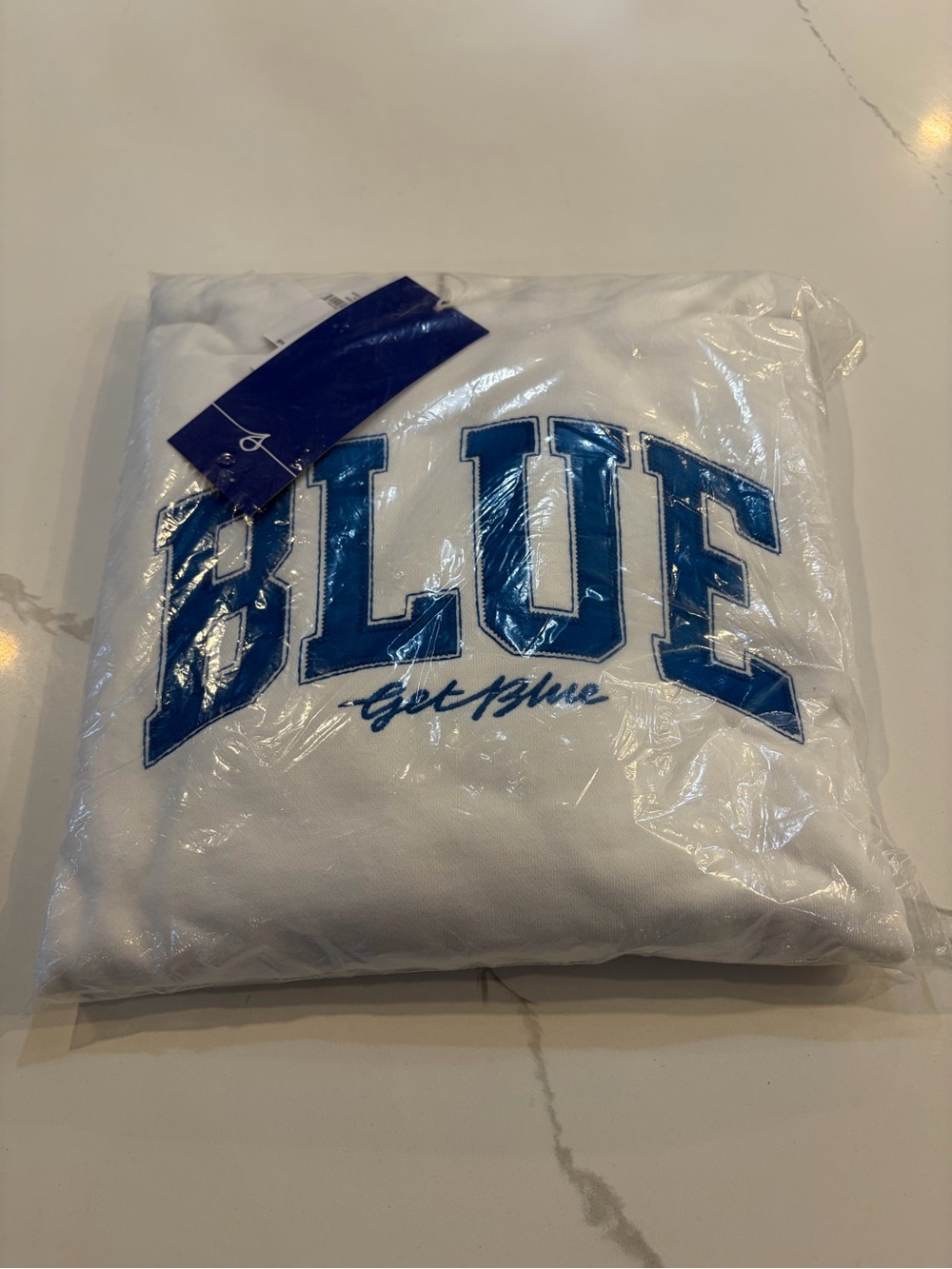 GAP Get Blue White sweatshirt with Bold Blue 'BLUE' Graphic - Size Large